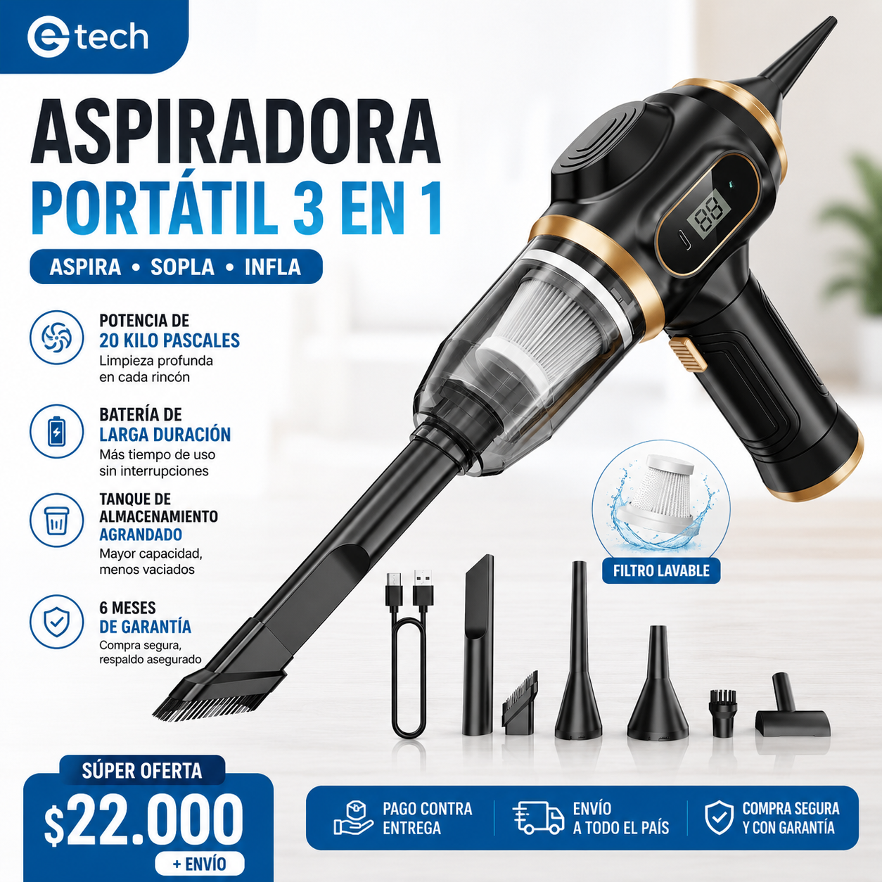 Aspiradora 3 en 1 | Alta potencia | Batería recargable