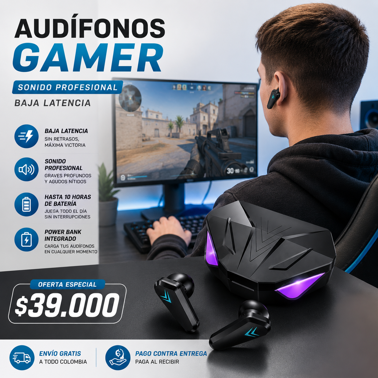Audífonos Gamer | Baja latencia | Batería larga duración