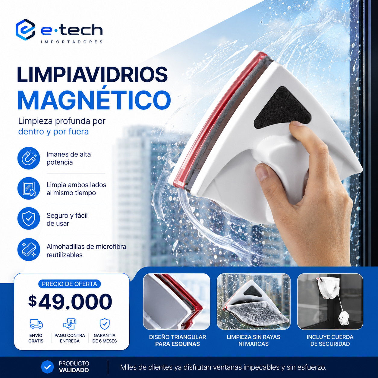 Limpiavidrios | Magnético | Alta adherencia | Repuestos incluidos